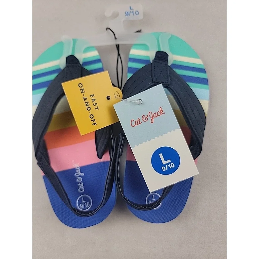 Cat And Jack Girls‎ Boys Large 9/10 Comfortable Slip On Flip Flop Rainbow Colors
